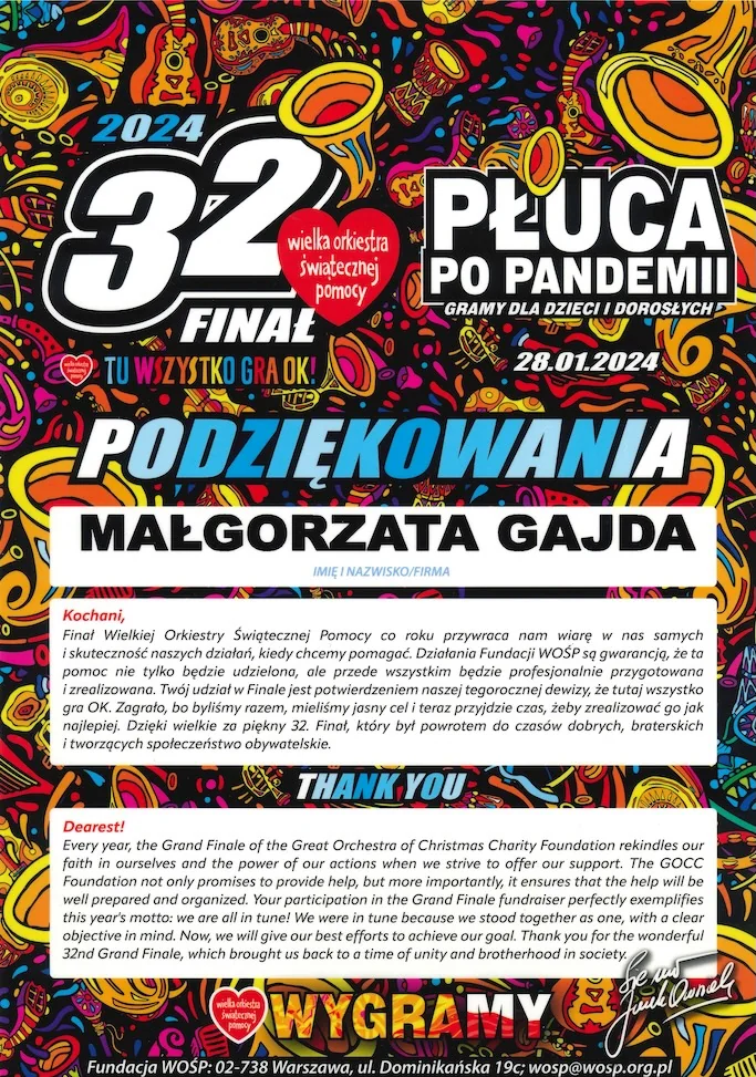 Podziękowania WOŚP 2024
